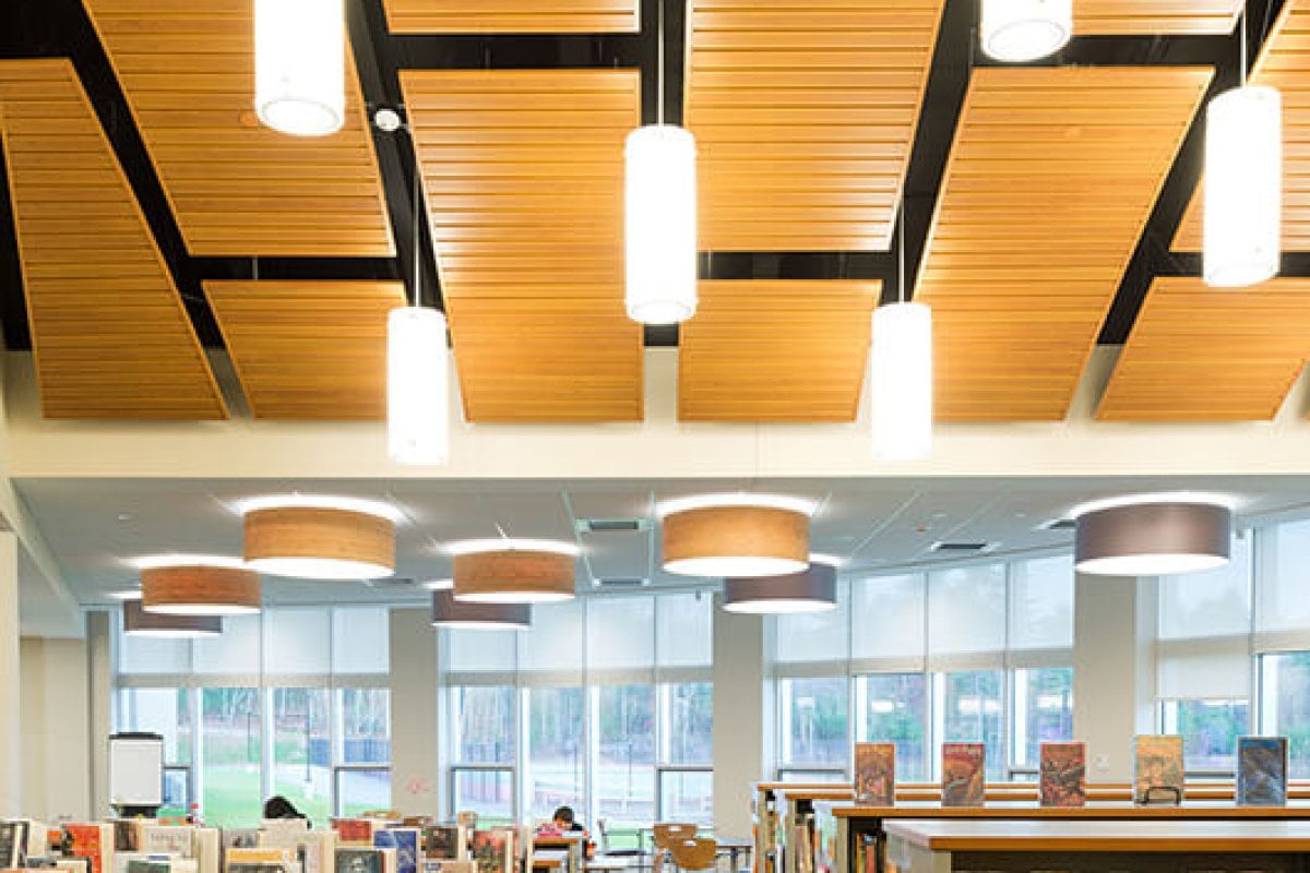 Uxbridge High School library with wood ceilings